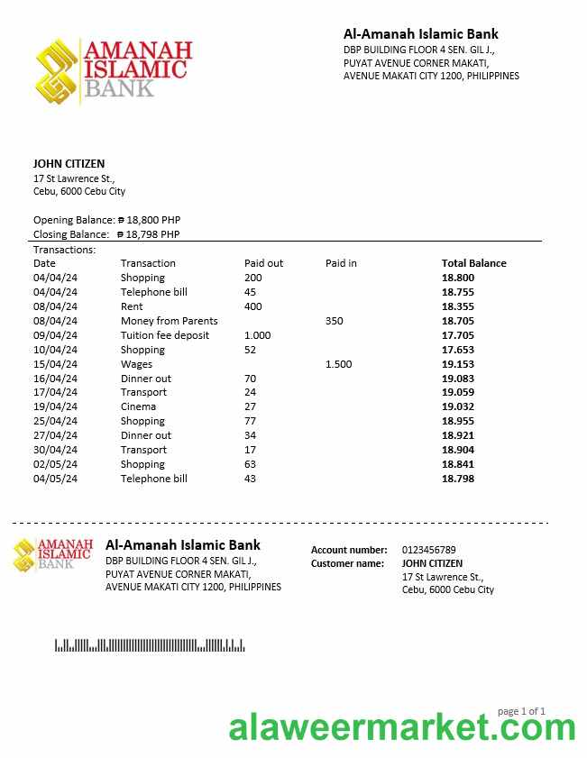 Philippines Al Amanah Islamic Investment Bank Statement
